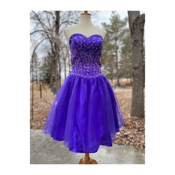 1980s Prom Dress Sweetheart Neck Beaded Bodice Tulle Layered Skirt Fit & Flare - Picture 13 of 14